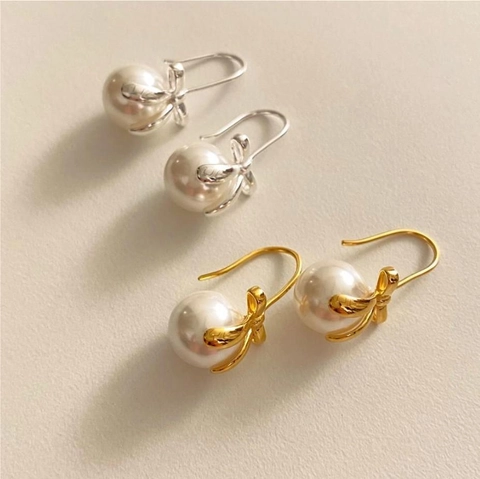 Sweet Bowknot White Artificial Pearl Drop Earrings With 925 Sterling Silver Earring Post Elegant Korean Fashion Jewelry For Women