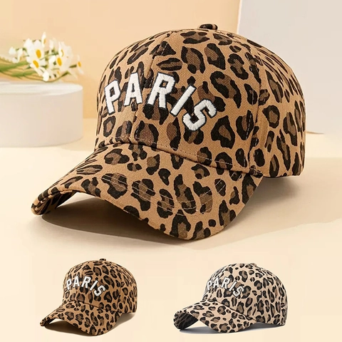 Leopard Print Baseball Cap Polyester Paris Embroidery Adjustable Curved Brim Sun Protection Outdoor Trendy Hat