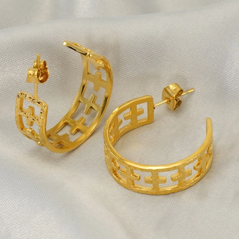Boucles D'oreilles Créoles Évidées Croix Acier Inoxydable Plaqué Or Forme C Bijoux Géométriques