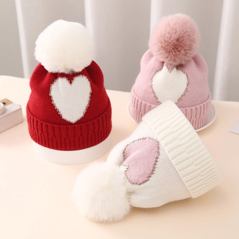 Baby Knitted Beanie Hat Acrylic Jacquard Heart Gold Lurex Faux Fur Pom Pom Winter Warm Windproof Infant Toddler