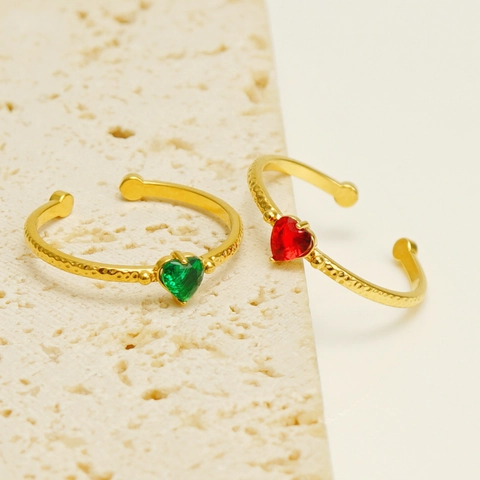 Heart Zircon Adjustable Ring Stainless Steel Hammered Texture Gold Plated Fashion Jewelry Women Light Luxury Style