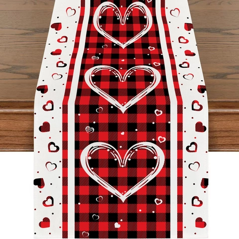 Valentine's Day Table Runner Polyester Buffalo Plaid Red Black Checkered Heart Print Dining Room Decor For Home Holiday