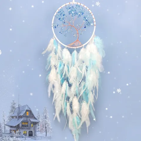 Tree Of Life Dream Catcher Handmade Woven Crystal Stone Feather Hanging Decoration Home Wall Decor Boho Style