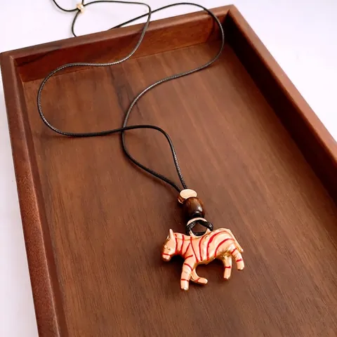 Zebra Anhänger Halskette Legierung Emaille Tierform Mit Holzperle Verstellbare Wachskordel Lange Vintage Ethnisch Damen