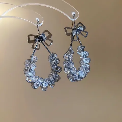 Schleife Strass Hohl Hänger Ohrringe Kupfer Mit Silbernem Ohrstecker Mode Retro Elegant Grau Schmuck Für Frauen