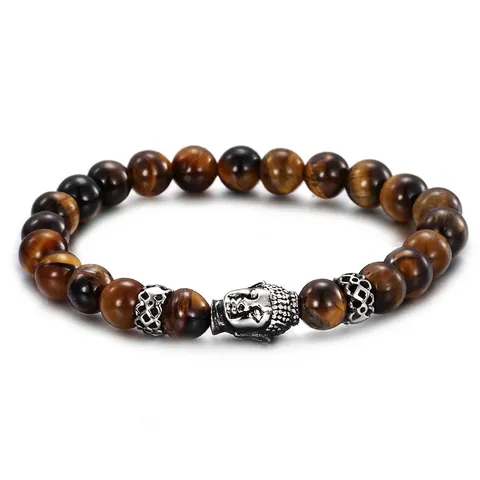 Tiger Eye Stone Beaded Bracelet With 316L Stainless Steel Buddha Head Vintage Retro Religious Style For Men