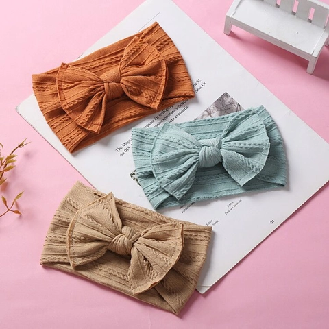 Baby Girls Soft Nylon Headband Large Bow Cable Knit Jacquard Elastic Hair Band For Toddler Infants Hair Accessories