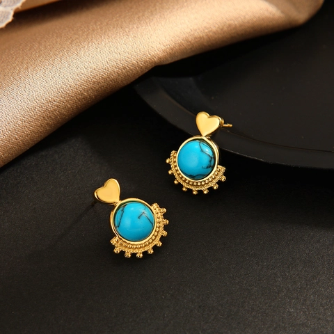 Retro Stainless Steel Heart Shape Turquoise Stud Earrings For Women Bohemian Sunburst Fan Shaped Natural Stone Jewelry Earrings
