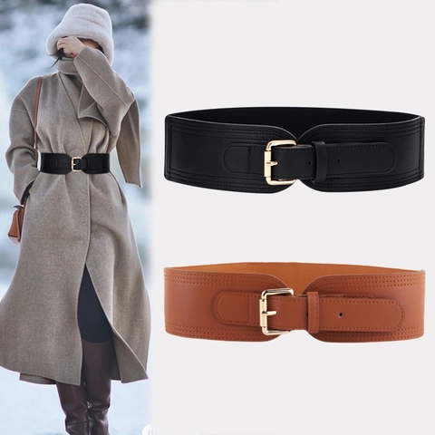 Women Wide Elastic Corset Belt PU Leather Gold Pin Buckle Waistband For Coats Dresses Fashion Waist Shaping Accessory