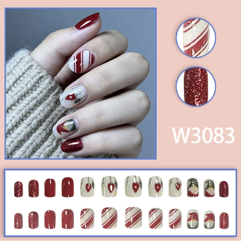 Unghie Finte Natalizie Press On Babbo Natale Gnomo Strisce Rosse Bianche Glitter Lucide Ovali Plastica Per Donne