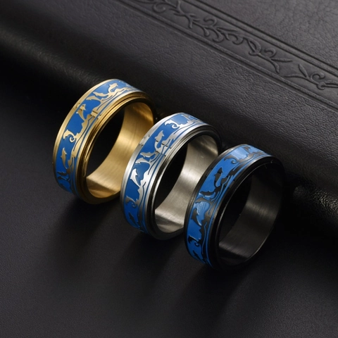 Bague Spinner Homme Acier Titane Dauphin Vague Océan Émail Rotative Soulagement Du Stress Bijoux Band Mode Sportive