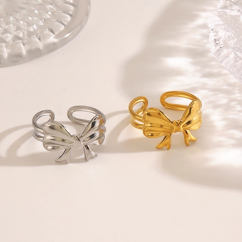 Bow Knot Ring Stainless Steel 18K Gold Plated Adjustable Open Design Elegant Ins Style Fashion Jewelry For Women