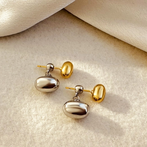 Minimalist Bicolor Metal Bean Drop Earrings Hammered Pebble Shape 18K Gold Silver Plated Copper Earrings With Stainless Steel Post For Women