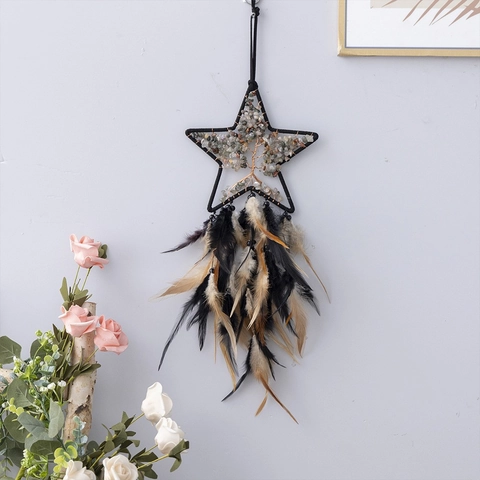 Star Dream Catcher Tree Of Life Wall Hanging With Crystal Stones Feathers Handmade Boho Home Decor Gift