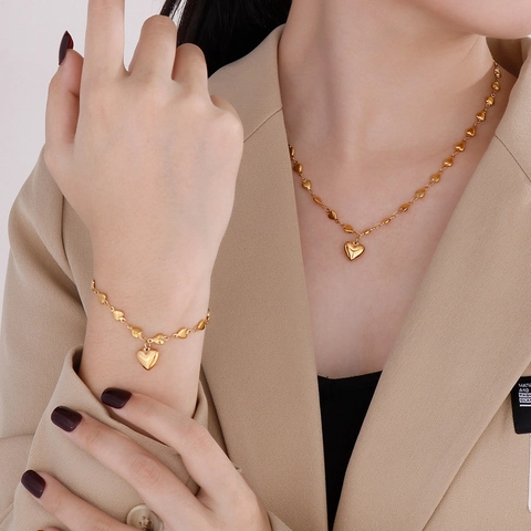 Collana E Bracciale In Acciaio Inossidabile Cuore Pendente Cuore Cavo Gioielli Romantici Per Donne