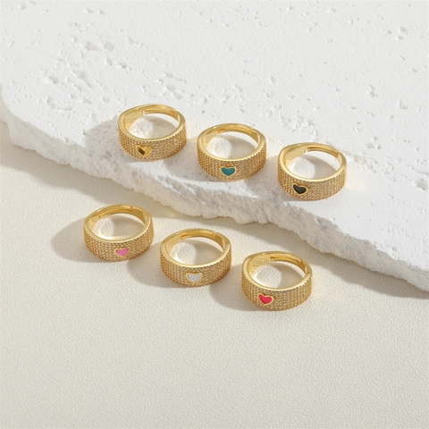 Bague Ouverte Réglable Forme De Cœur Émail Coloré Cuivre Plaqué Or 14K Pavé De Zircone Pour Femme Mode