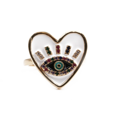 Evil Eye Herz Ring Kupfer Mikro Pave Zirkonia Emaille Bunter Boho Stil Verstellbarer Offener Fingerschmuck Für Frauen