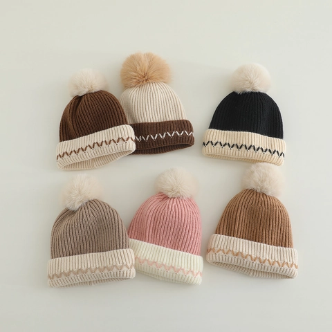 Berretto In Maglia Per Bambini Acrilico Caldo Inverno Pompon Costine Motivo A Onde A Contrasto Per Neonati