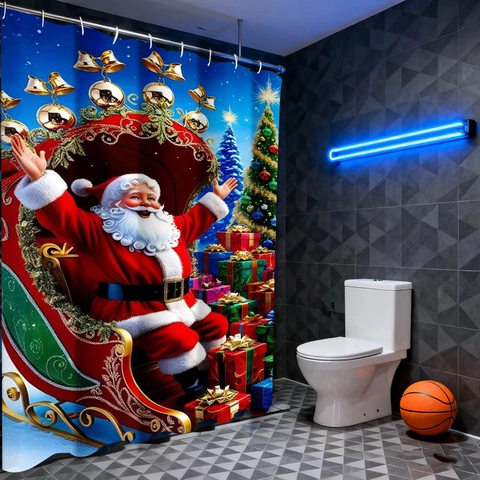 Tenda Da Doccia Natalizia Poliestere Impermeabile Babbo Natale Slitta Stampa Decorazione Bagno Con Ganci