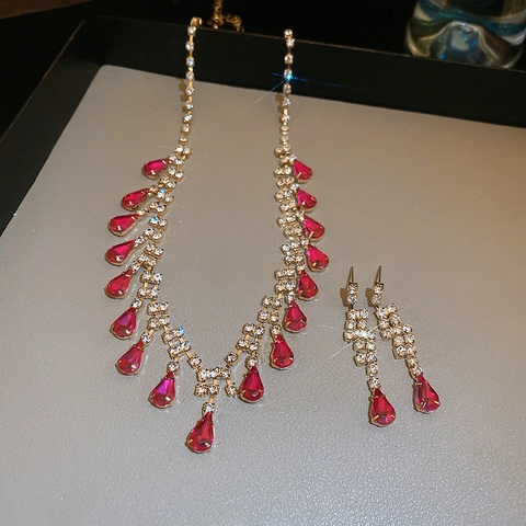 Elegante Koperen Ketting Met Waterdruppel Hanger En Franje Oorbellen Vintage Royal Stijl Sieraden Voor Dames