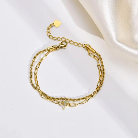 Bracelet Multi-Rangs Initiale Cuivre Plaqué Or Zircone Chaîne Trombone Et Corde Bijoux Réglables Pour Femmes