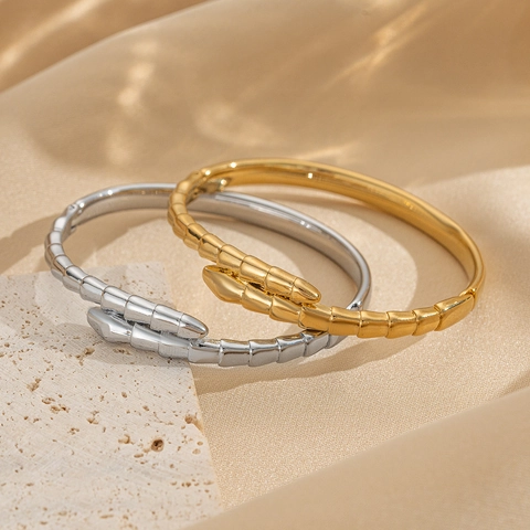 Stainless Steel Cuff Bracelet Geometric Scale Texture Minimalist Open Bangle For Women Fashion Jewelry