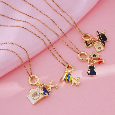Copper Necklace With 18k Gold Plated Cubic Zirconia Pendants Travel Graduation Sports Theme Enamel Jewelry For Women