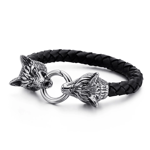 Men Braided Genuine Leather Bracelet With 316L Stainless Steel Dragon Tiger Skull Head Punk Gothic Biker Style