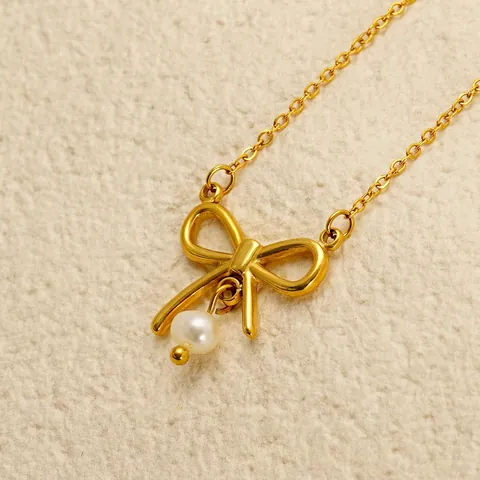 Collar Con Colgante De Perla Artificial Y Lazo Francés Chapado En Oro De 18K Acero Inoxidable Joyería Elegante Para Mujer