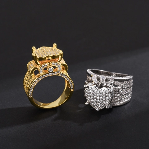 Hip Hop Iced Out Heart Ring Copper Full Zircon Micro Pave Retro Wide Band Jewelry For Men Women