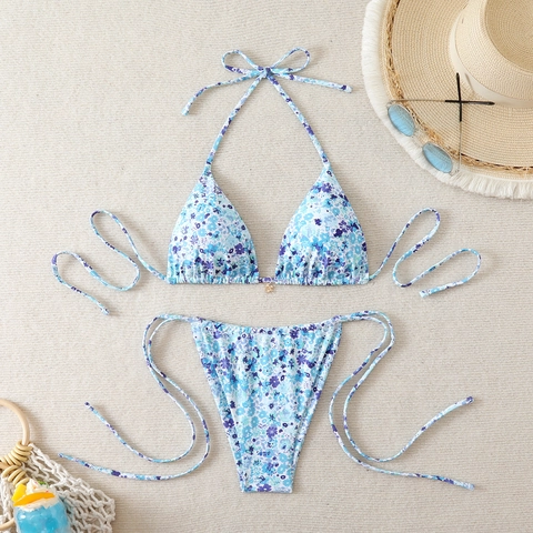 Bikini Para Mujer Traje De Baño Estampado Flores Cerezas Cuello Halter Top Triángulo Braga Con Lazos Poliéster Vacaciones Sexy