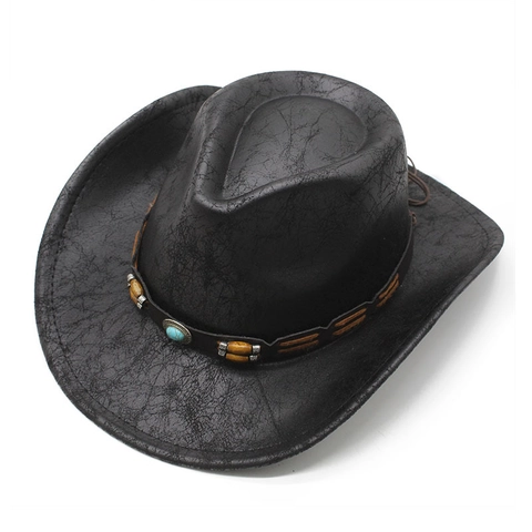 Vintage Western Cowboy Hat Distressed Cracked Texture Wide Brim Turquoise Wood Bead Decor Outdoor Sun Shade Men Women