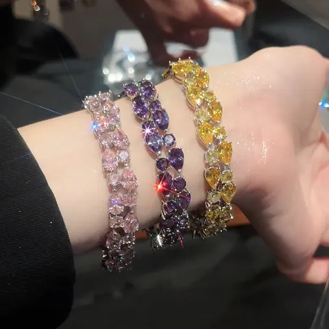 Bracciale Di Lusso In Rame Scintillante Zirconia Cubica Geometrico Rotondo Pera Elegante Braccialetto Per Donna Gioielli Di Moda