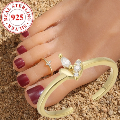 925 Sterling Silver Maple Leaf Zirconia Adjustable Toe Ring Gold Plated Summer Beach Fashion Foot Jewelry For Women
