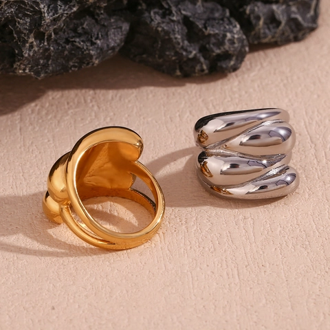 Chunky Dome Ring Stainless Steel 18K Gold Plated Interlocking Wave Water Drop Sculptural Fashion Jewelry For Women