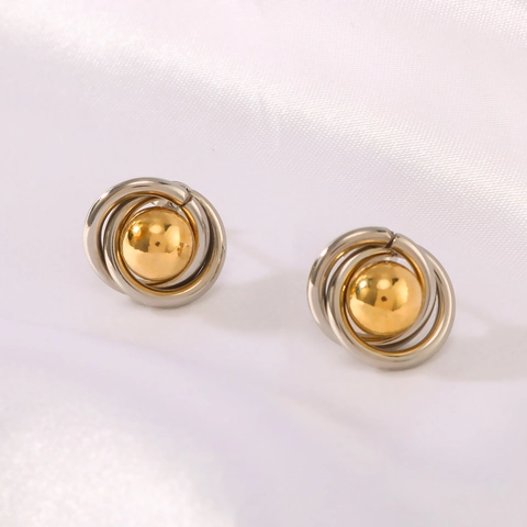 Stainless Steel Ball Earrings 18K Gold Plated Two-Tone Geometric Interlocking Circles Minimalist Trendy For Women
