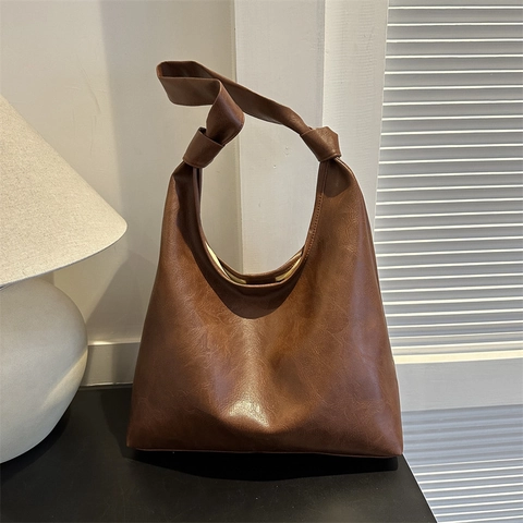 Grand Sac Fourre Tout Pour Femme Cuir PU Bandoulière Nouée Style Hobo Vintage Navette Quotidienne Sac À Main