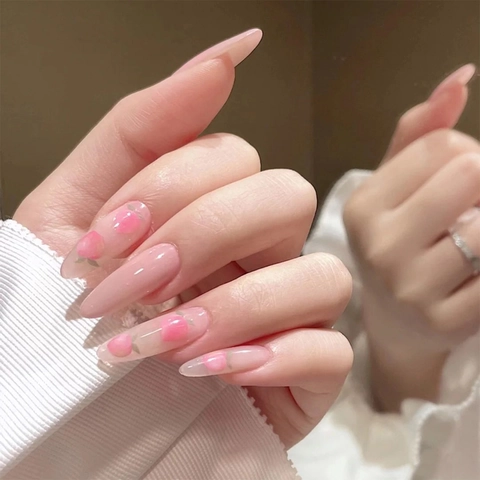 Plaknagels Lang Amandelvorm Glanzend Perzik Patroon Roze Nude Zoete Zomer Stijl Kunstnagels Voor Vrouwen