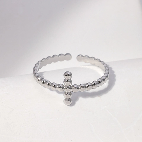 Anillo Abierto De Cruz De Acero Inoxidable Para Mujeres Cuentas Ajustable Diseño De Nicho Minimalista Joyería