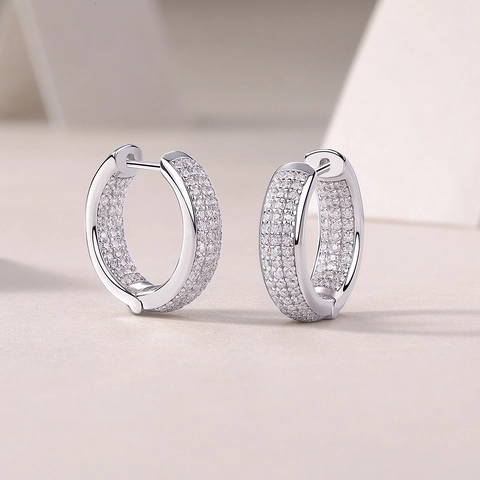 Boucles d'oreilles créoles de luxe en argent sterling 925 avec double rangée de moissanite pour femmes, bijoux incrustés minimalistes et étincelants, cadeau