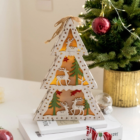 Décoration De Noël En Bois Lumineuse LED Père Noël Renne Creux Sculpture Décor De Bureau Boîte Lumineuse Festive Maison Cadeau