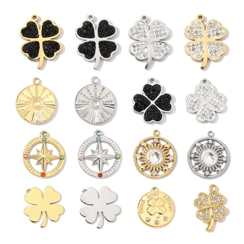 Four Leaf Clover Compass Sun Charms Stainless Steel Rhinestone DIY Jewelry Making Pendants For Necklaces Bracelets