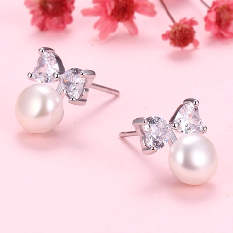 Orecchini Pendenti Fiocco Cuore Zirconia Perla de Agua Dulce D'acqua Dolce Con Perno In Argento Sterling 925 Per Donna Gioielli