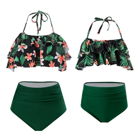 Bikini Coordinato Madre E Figlia Scollo Americana Volant Vita Alta Tropicale Estate Mare Nylon Elastan