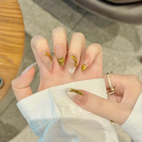 Handmade Luxury Almond Press On Nails Gold Mirror French Cat Eye Rhinestone Chain Design Reusable Fake Nails For Women Daily Party