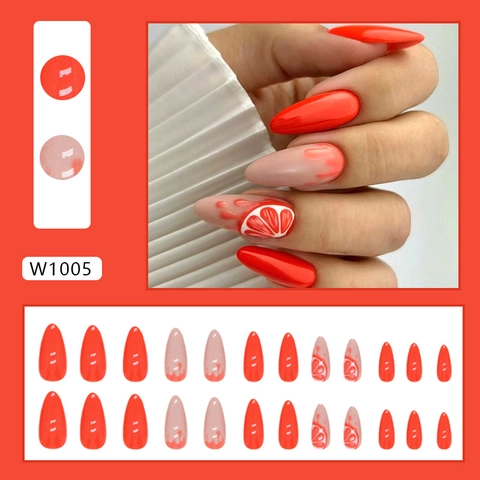 Uñas Press On Forma Almendra Diseño Naranja Toronja Uñas Artificiales Brillantes Arte Frutal Verano Para Mujeres