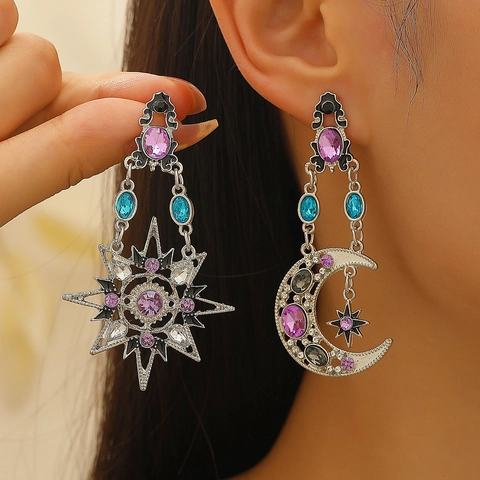 Barocke Asymmetrische Ohrringe Sonne Mond Stern Legierung Bunter Strass Vintage Lange Hänger Schmuck Für Damen
