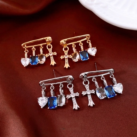 Sicherheitsnadel Ohrringe Mit Silver Earring Post Kupfer Zirkon Kreuz Herz Blauem Stein Anhänger Damen