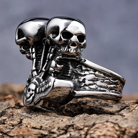 Gothic Punk Men Stainless Steel Double Skull Head Ring Rock Hip Hop Retro Biker Jewelry Silver Color Finger Ring Gift