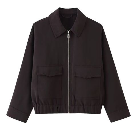 Chaqueta Con Cremallera Para Mujer Manga Larga Poliéster Color Sólido Ajuste Holgado Solapa Abrigo Corto